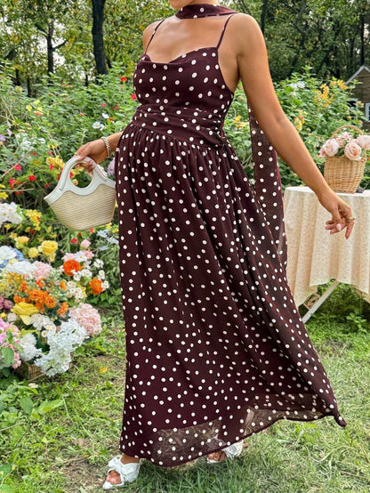 Brown Polka Dot Pleated Maternity Camisole Dress – Elegant Boho Spaghetti Strap High Waist Long Beach Dress for Pregnant Women
