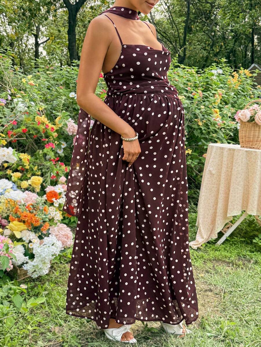 Brown Polka Dot Pleated Maternity Camisole Dress – Elegant Boho Spaghetti Strap High Waist Long Beach Dress for Pregnant Women