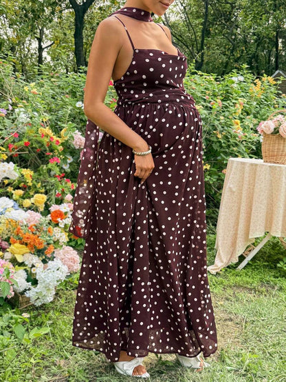Brown Polka Dot Pleated Maternity Camisole Dress – Elegant Boho Spaghetti Strap High Waist Long Beach Dress for Pregnant Women