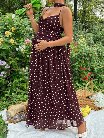 Brown Polka Dot Pleated Maternity Camisole Dress – Elegant Boho Spaghetti Strap High Waist Long Beach Dress for Pregnant Women