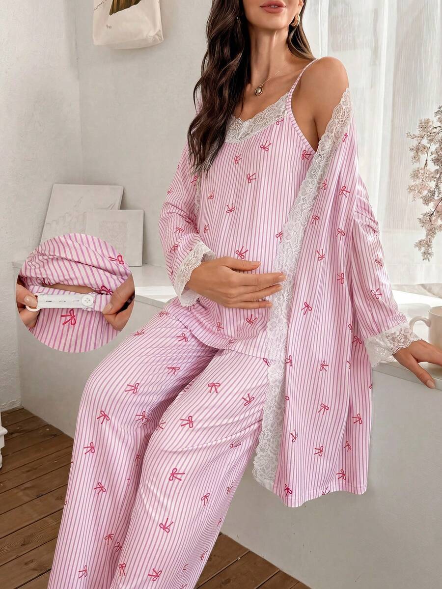 3-Piece Striped Bow Print Maternity Pajama Set with Contrast Lace - Long Sleeve Cardigan Spaghetti Strap Top and Pants - Multicolor Winter Sleepwear Set