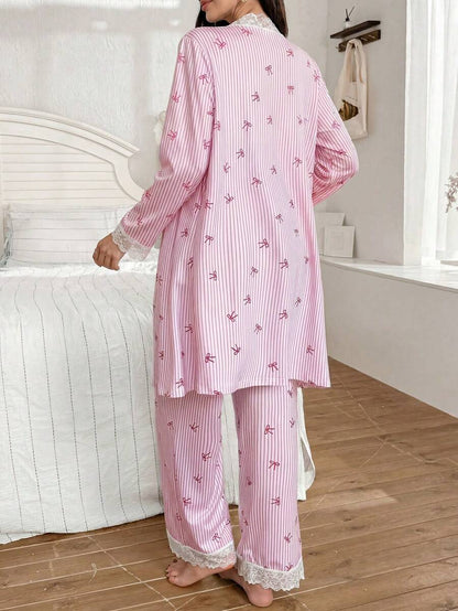 3-Piece Striped Bow Print Maternity Pajama Set with Contrast Lace - Long Sleeve Cardigan Spaghetti Strap Top and Pants - Multicolor Winter Sleepwear Set
