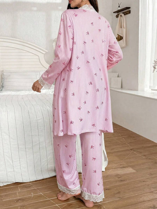 3-Piece Striped Bow Print Maternity Pajama Set with Contrast Lace - Long Sleeve Cardigan Spaghetti Strap Top and Pants - Multicolor Winter Sleepwear Set