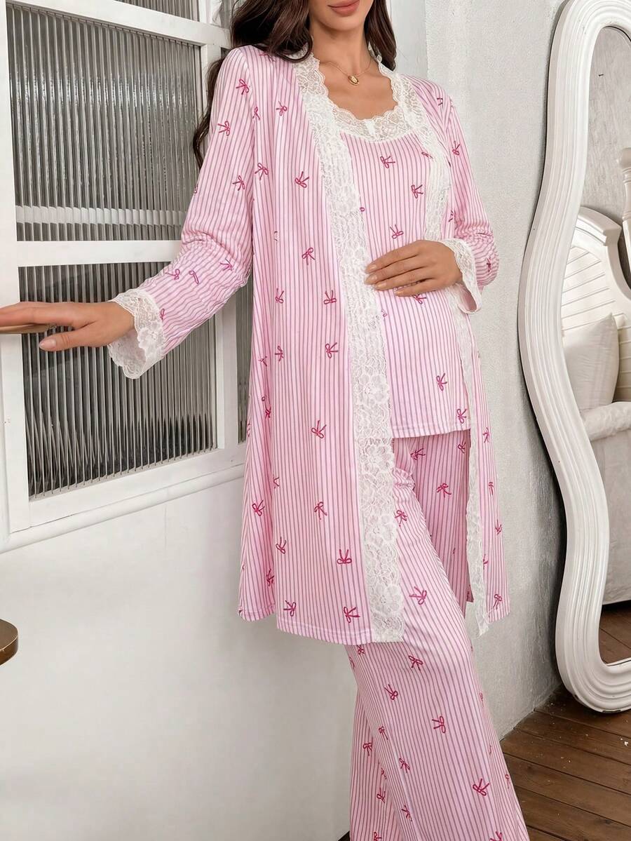 3-Piece Striped Bow Print Maternity Pajama Set with Contrast Lace - Long Sleeve Cardigan Spaghetti Strap Top and Pants - Multicolor Winter Sleepwear Set