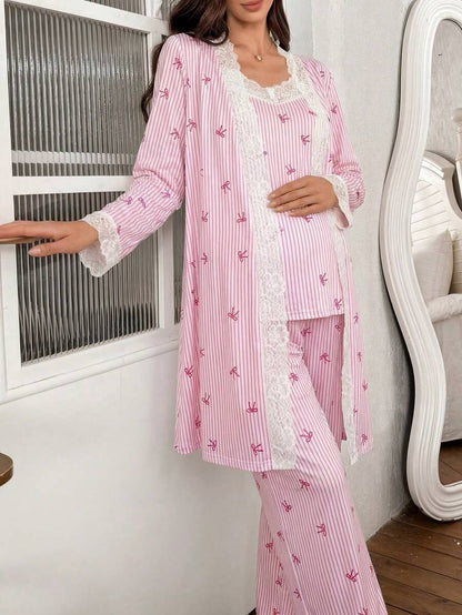 3-Piece Striped Bow Print Maternity Pajama Set with Contrast Lace - Long Sleeve Cardigan Spaghetti Strap Top and Pants - Multicolor Winter Sleepwear Set