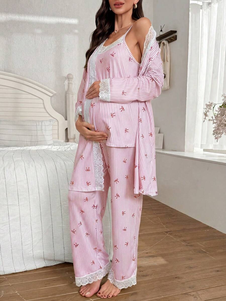 3-Piece Striped Bow Print Maternity Pajama Set with Contrast Lace - Long Sleeve Cardigan Spaghetti Strap Top and Pants - Multicolor Winter Sleepwear Set