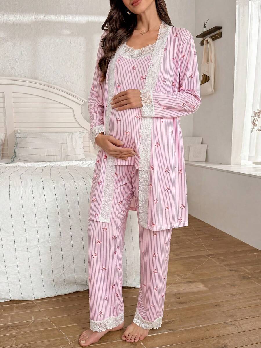 3-Piece Striped Bow Print Maternity Pajama Set with Contrast Lace - Long Sleeve Cardigan Spaghetti Strap Top and Pants - Multicolor Winter Sleepwear Set
