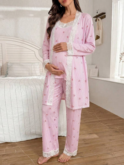 3-Piece Striped Bow Print Maternity Pajama Set with Contrast Lace - Long Sleeve Cardigan Spaghetti Strap Top and Pants - Multicolor Winter Sleepwear Set