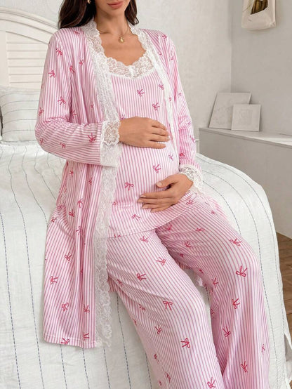 3-Piece Striped Bow Print Maternity Pajama Set with Contrast Lace - Long Sleeve Cardigan Spaghetti Strap Top and Pants - Multicolor Winter Sleepwear Set