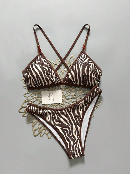 Women's Sporty Triangle Bikini Set - Contrasting Trim, Criss Cross, Spaghetti Strap, Navy Blue