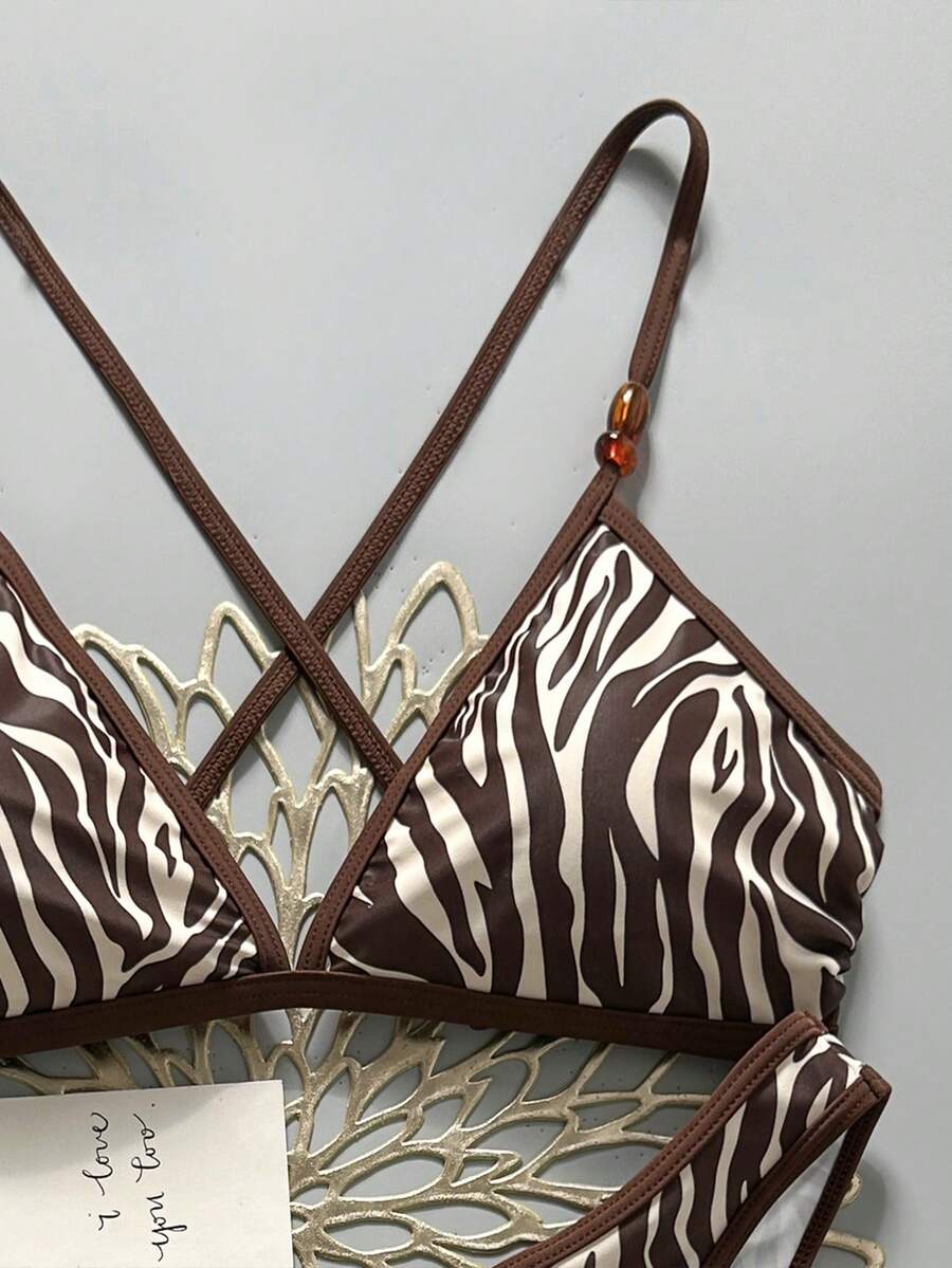Women's Sporty Triangle Bikini Set - Contrasting Trim, Criss Cross, Spaghetti Strap, Navy Blue