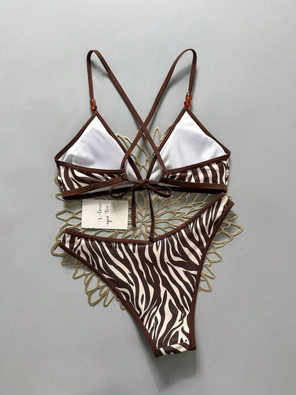 Women's Sporty Triangle Bikini Set - Contrasting Trim, Criss Cross, Spaghetti Strap, Navy Blue