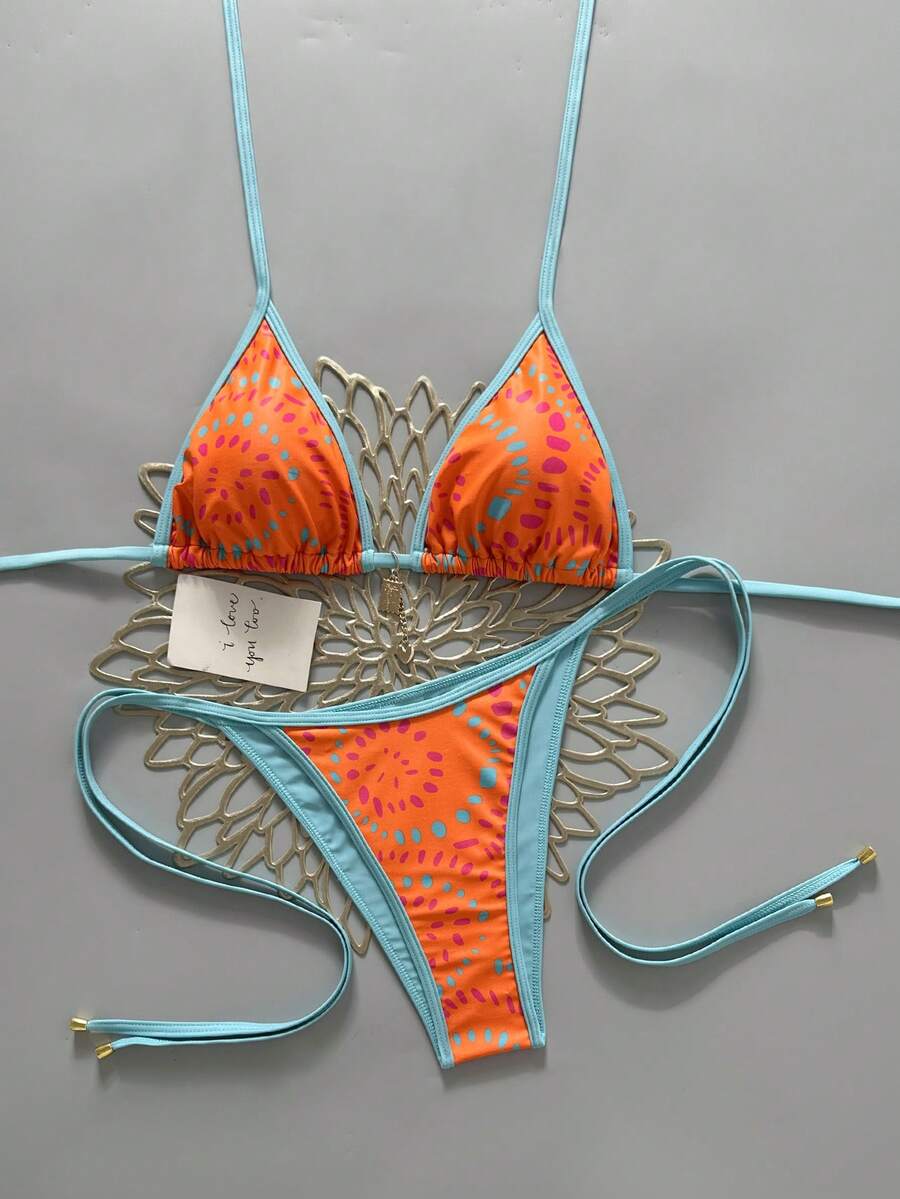 Swim Vcay Women's Summer Beach Contrast Color Halter Tie Sexy Bikini And Triangle Panty Swimwear Set Blue Bikini Yacht Party Outfit Vacation Bikini Boat Party Outfit Women Tie Side Bikini Triangle Bikini Set Light Blue Bikini