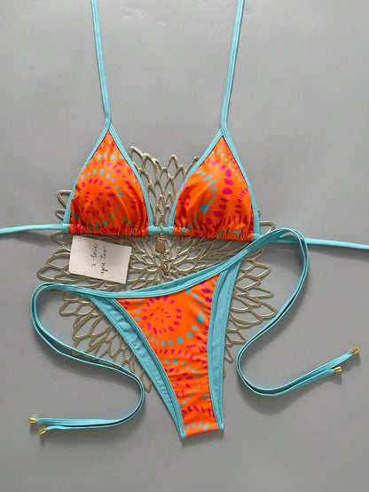 Swim Vcay Women's Summer Beach Contrast Color Halter Tie Sexy Bikini And Triangle Panty Swimwear Set Blue Bikini Yacht Party Outfit Vacation Bikini Boat Party Outfit Women Tie Side Bikini Triangle Bikini Set Light Blue Bikini