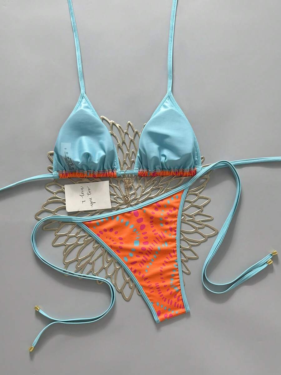 Swim Vcay Women's Summer Beach Contrast Color Halter Tie Sexy Bikini And Triangle Panty Swimwear Set Blue Bikini Yacht Party Outfit Vacation Bikini Boat Party Outfit Women Tie Side Bikini Triangle Bikini Set Light Blue Bikini