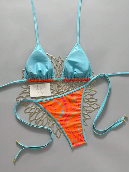 Swim Vcay Women's Summer Beach Contrast Color Halter Tie Sexy Bikini And Triangle Panty Swimwear Set Blue Bikini Yacht Party Outfit Vacation Bikini Boat Party Outfit Women Tie Side Bikini Triangle Bikini Set Light Blue Bikini