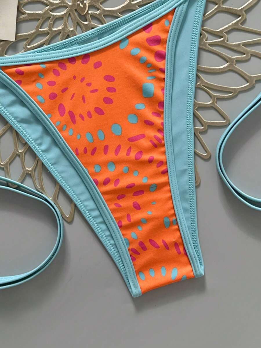 Swim Vcay Women's Summer Beach Contrast Color Halter Tie Sexy Bikini And Triangle Panty Swimwear Set Blue Bikini Yacht Party Outfit Vacation Bikini Boat Party Outfit Women Tie Side Bikini Triangle Bikini Set Light Blue Bikini