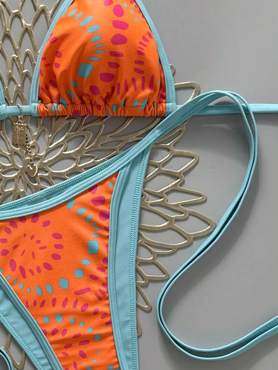 Swim Vcay Women's Summer Beach Contrast Color Halter Tie Sexy Bikini And Triangle Panty Swimwear Set Blue Bikini Yacht Party Outfit Vacation Bikini Boat Party Outfit Women Tie Side Bikini Triangle Bikini Set Light Blue Bikini