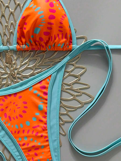 Swim Vcay Women's Summer Beach Contrast Color Halter Tie Sexy Bikini And Triangle Panty Swimwear Set Blue Bikini Yacht Party Outfit Vacation Bikini Boat Party Outfit Women Tie Side Bikini Triangle Bikini Set Light Blue Bikini