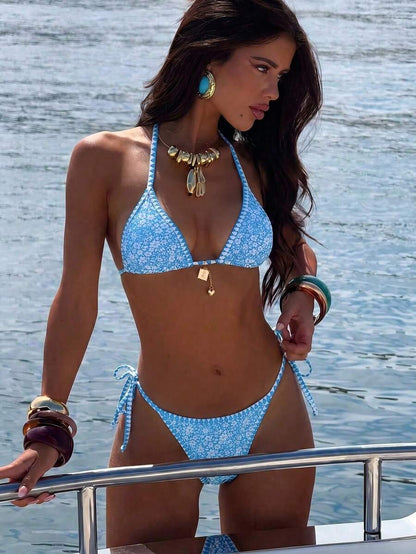 Swim Vcay Women's Summer Beach Contrast Color Halter Tie Sexy Bikini And Triangle Panty Swimwear Set Blue Bikini Yacht Party Outfit Vacation Bikini Boat Party Outfit Women Tie Side Bikini Triangle Bikini Set Light Blue Bikini