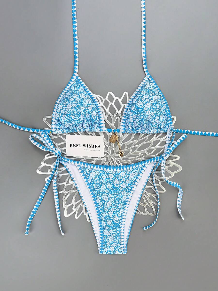 Swim Vcay Women's Summer Beach Contrast Color Halter Tie Sexy Bikini And Triangle Panty Swimwear Set Blue Bikini Yacht Party Outfit Vacation Bikini Boat Party Outfit Women Tie Side Bikini Triangle Bikini Set Light Blue Bikini