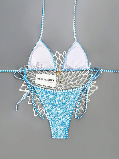 Swim Vcay Women's Summer Beach Contrast Color Halter Tie Sexy Bikini And Triangle Panty Swimwear Set Blue Bikini Yacht Party Outfit Vacation Bikini Boat Party Outfit Women Tie Side Bikini Triangle Bikini Set Light Blue Bikini