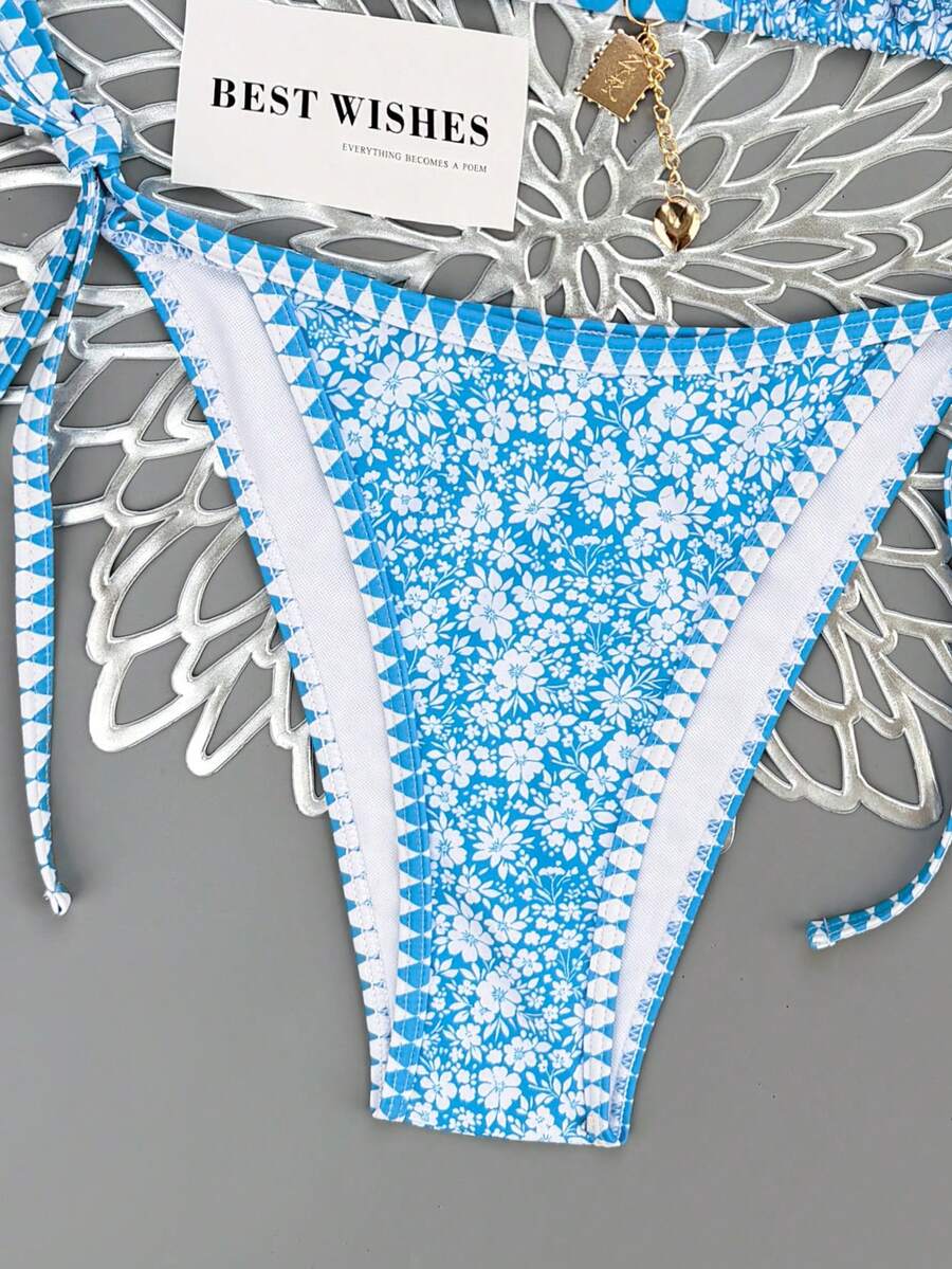 Swim Vcay Women's Summer Beach Contrast Color Halter Tie Sexy Bikini And Triangle Panty Swimwear Set Blue Bikini Yacht Party Outfit Vacation Bikini Boat Party Outfit Women Tie Side Bikini Triangle Bikini Set Light Blue Bikini