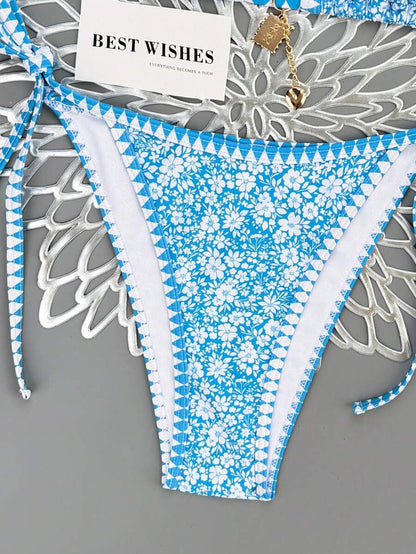 Swim Vcay Women's Summer Beach Contrast Color Halter Tie Sexy Bikini And Triangle Panty Swimwear Set Blue Bikini Yacht Party Outfit Vacation Bikini Boat Party Outfit Women Tie Side Bikini Triangle Bikini Set Light Blue Bikini