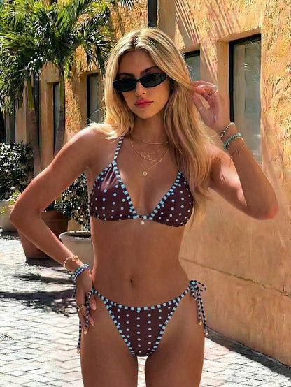 Swim Vcay Women's Summer Beach Contrast Color Halter Tie Sexy Bikini And Triangle Panty Swimwear Set Blue Bikini Yacht Party Outfit Vacation Bikini Boat Party Outfit Women Tie Side Bikini Triangle Bikini Set Light Blue Bikini