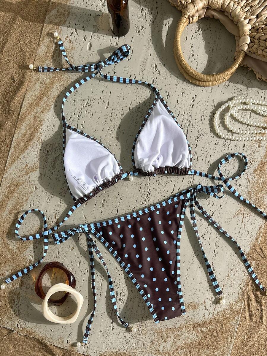 Swim Vcay Women's Summer Beach Contrast Color Halter Tie Sexy Bikini And Triangle Panty Swimwear Set Blue Bikini Yacht Party Outfit Vacation Bikini Boat Party Outfit Women Tie Side Bikini Triangle Bikini Set Light Blue Bikini