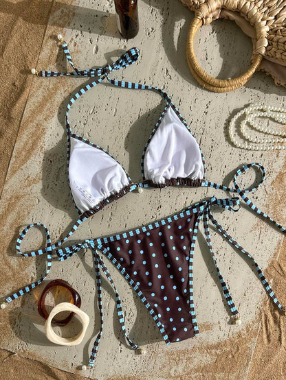 Swim Vcay Women's Summer Beach Contrast Color Halter Tie Sexy Bikini And Triangle Panty Swimwear Set Blue Bikini Yacht Party Outfit Vacation Bikini Boat Party Outfit Women Tie Side Bikini Triangle Bikini Set Light Blue Bikini