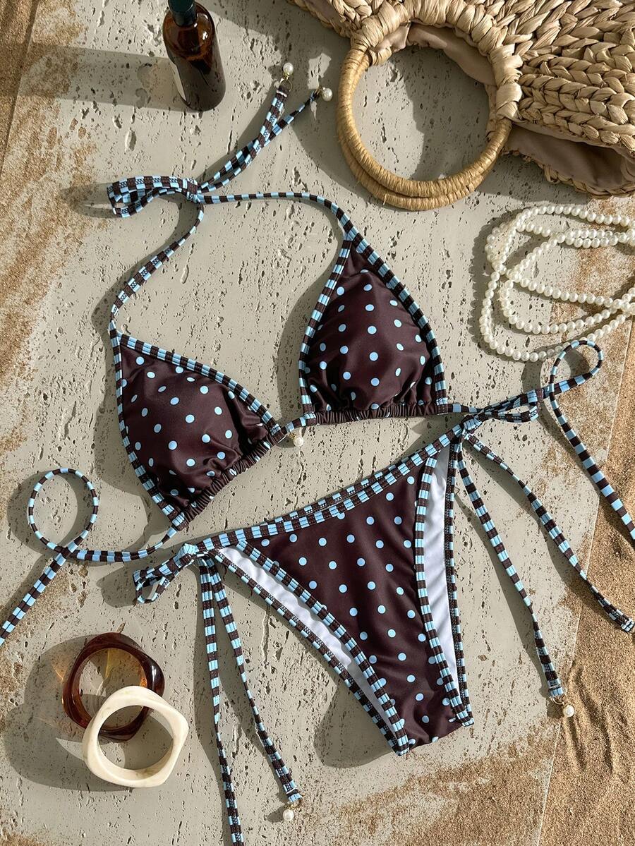 Swim Vcay Women's Summer Beach Contrast Color Halter Tie Sexy Bikini And Triangle Panty Swimwear Set Blue Bikini Yacht Party Outfit Vacation Bikini Boat Party Outfit Women Tie Side Bikini Triangle Bikini Set Light Blue Bikini