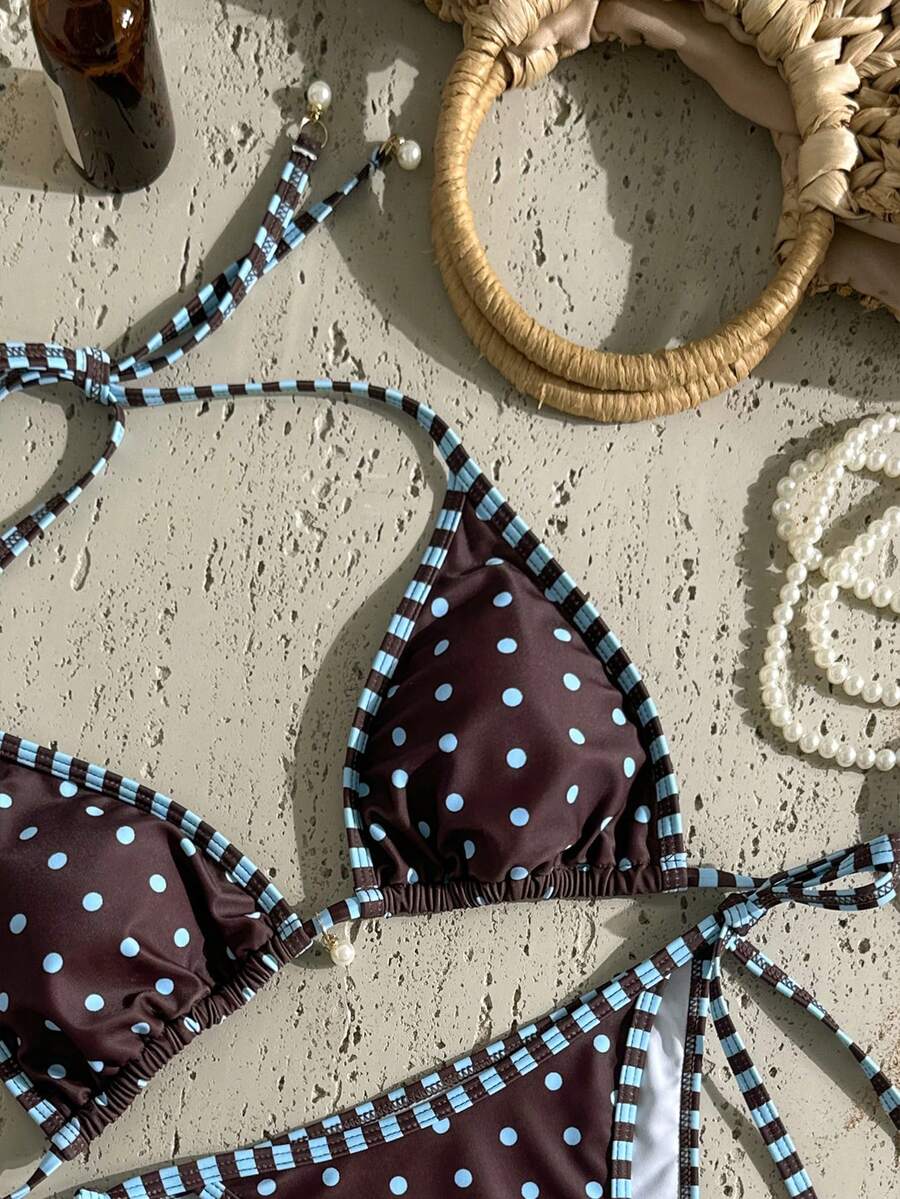 Swim Vcay Women's Summer Beach Contrast Color Halter Tie Sexy Bikini And Triangle Panty Swimwear Set Blue Bikini Yacht Party Outfit Vacation Bikini Boat Party Outfit Women Tie Side Bikini Triangle Bikini Set Light Blue Bikini