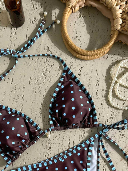 Swim Vcay Women's Summer Beach Contrast Color Halter Tie Sexy Bikini And Triangle Panty Swimwear Set Blue Bikini Yacht Party Outfit Vacation Bikini Boat Party Outfit Women Tie Side Bikini Triangle Bikini Set Light Blue Bikini