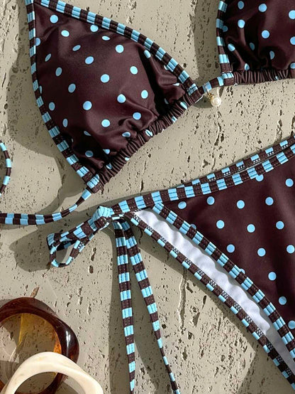 Swim Vcay Women's Summer Beach Contrast Color Halter Tie Sexy Bikini And Triangle Panty Swimwear Set Blue Bikini Yacht Party Outfit Vacation Bikini Boat Party Outfit Women Tie Side Bikini Triangle Bikini Set Light Blue Bikini
