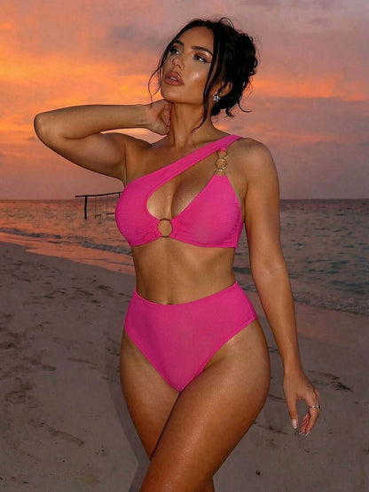 Women's Hollow-Out Monokini Bikini Set - One Shoulder, Chain Link, Asymmetrical Neck, Black