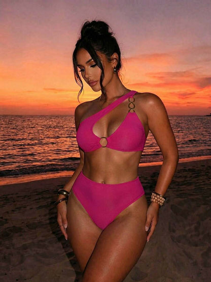 Women's Hollow-Out Monokini Bikini Set - One Shoulder, Chain Link, Asymmetrical Neck, Black