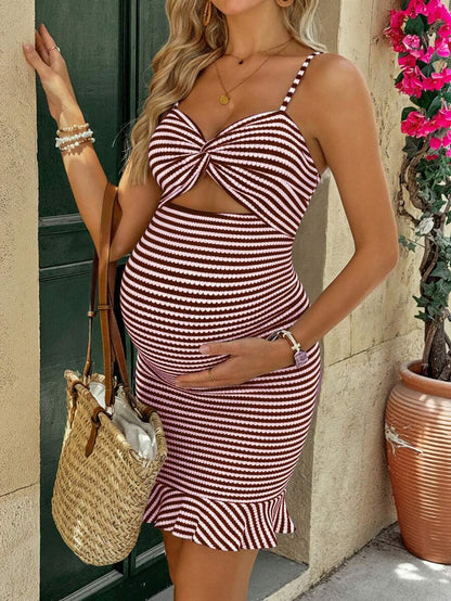 Maternity Striped Print Twist Hollow Camisole Dress Sexy Spaghetti Strap High Waist Slim Fit Bodycon Beach Sun Dress