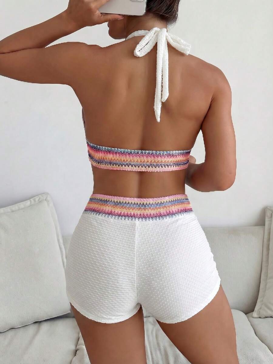 Women's 2-Piece Lace-Up Bikini Set - Twist Halter, Tie Back, High Waist Shorts, Mint Green