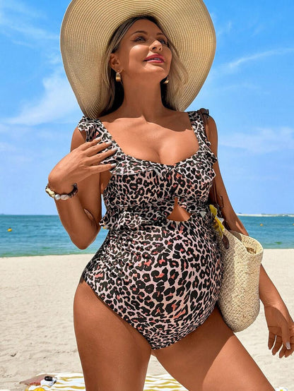 Maternity Leopard Print Beach Romper with Ruffle Hem and Sweetheart Neckline – Sleeveless Textured Holiday Jumpsuit with Removable Padding