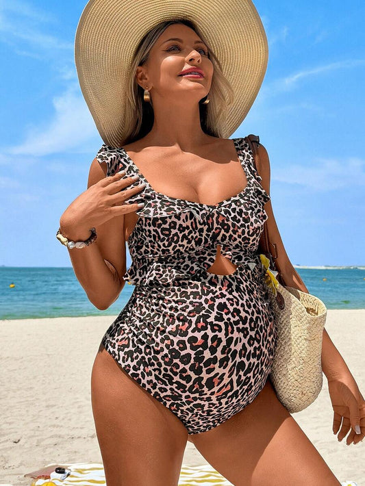 Maternity Leopard Print Beach Romper with Ruffle Hem and Sweetheart Neckline – Sleeveless Textured Holiday Jumpsuit with Removable Padding