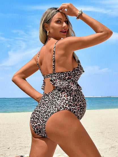 Maternity Leopard Print Beach Romper with Ruffle Hem and Sweetheart Neckline – Sleeveless Textured Holiday Jumpsuit with Removable Padding