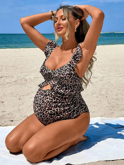 Maternity Leopard Print Beach Romper with Ruffle Hem and Sweetheart Neckline – Sleeveless Textured Holiday Jumpsuit with Removable Padding