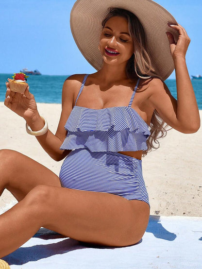 2pcs/Set Maternity Spaghetti Strap Striped Ruffled Bikini Top And Bottoms For Summer Beach Vacation