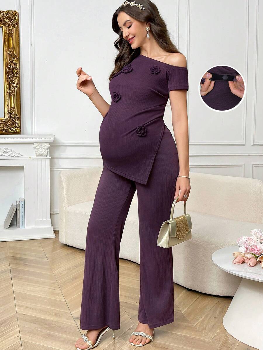 Purple Floral Two-Piece Maternity Set - Elegant Asymmetrical Single Shoulder Top and Slim Fit Pants - Romantic Summer Holiday Outfit for Pregnant Women