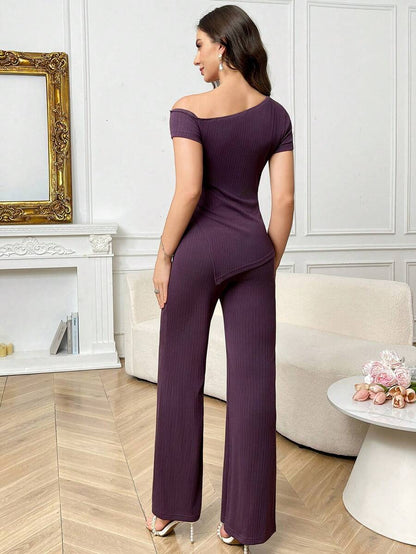 Purple Floral Two-Piece Maternity Set - Elegant Asymmetrical Single Shoulder Top and Slim Fit Pants - Romantic Summer Holiday Outfit for Pregnant Women