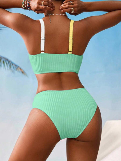 Swim Vcay Women V-Neck Textured Striped Bikini Set For Summer Beach Vacation