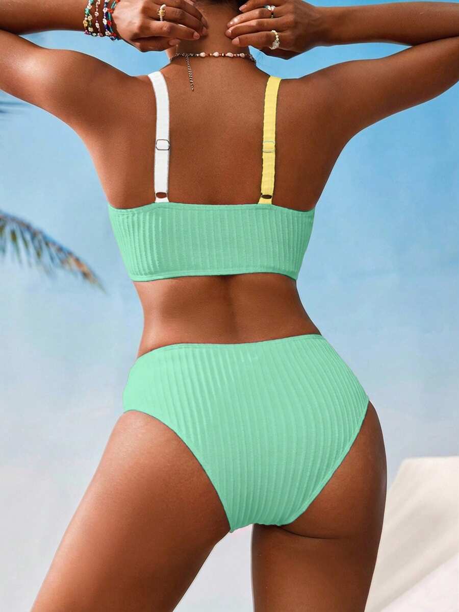Women's V-Neck Textured Tankini Set - Ruched, Spaghetti Strap, High Waist, Multicolor