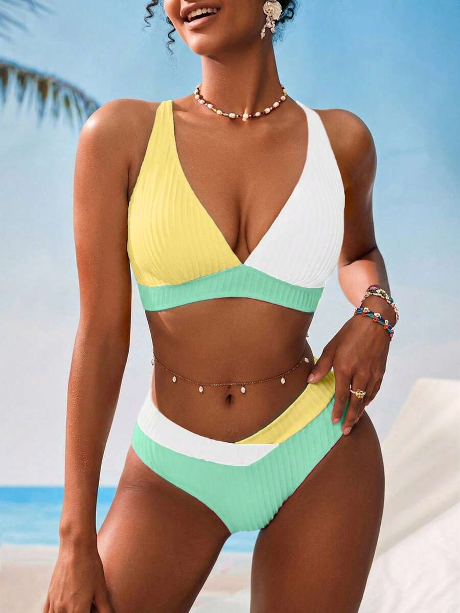 Women's V-Neck Textured Tankini Set - Ruched, Spaghetti Strap, High Waist, Multicolor
