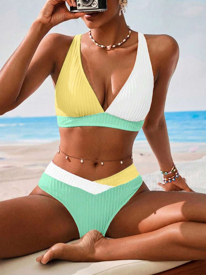 Swim Vcay Women V-Neck Textured Striped Bikini Set For Summer Beach Vacation